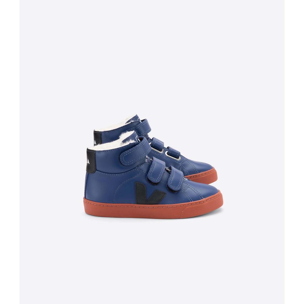 Veja ESPLAR MID FURED LEATHER Kids\' High Tops Blue | NZ 689MQZ